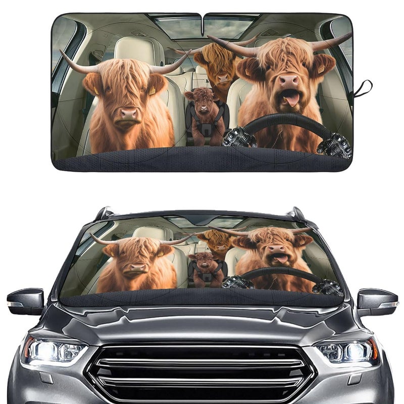 GENANY Highland Cow Family Funny Windshield Sun Shade for Car SUV Truck 55x29 Inches Automobile Sunshade Protector Blocks UV Car Accessories Spring Auto Decor